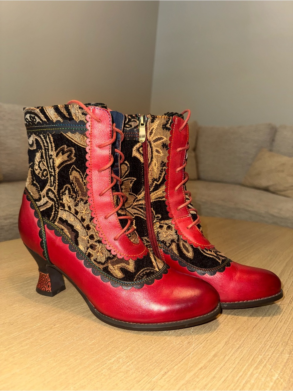 Spring Step Red and Black Brocade Lace-Up Heeled Ankle Boots